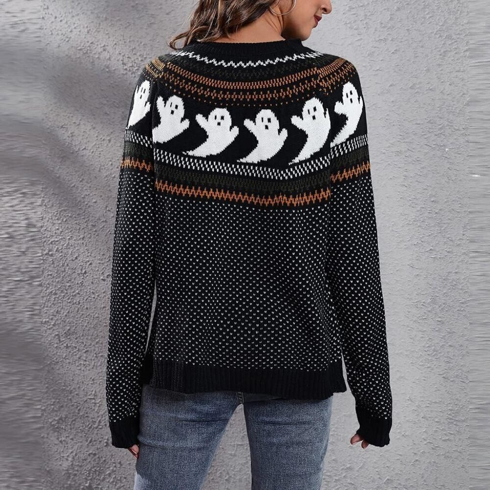 Women’s Knitted Pullover Sweater Long Sleeve Crew Neck Gothic Ghost Print - Picture 5 of 5